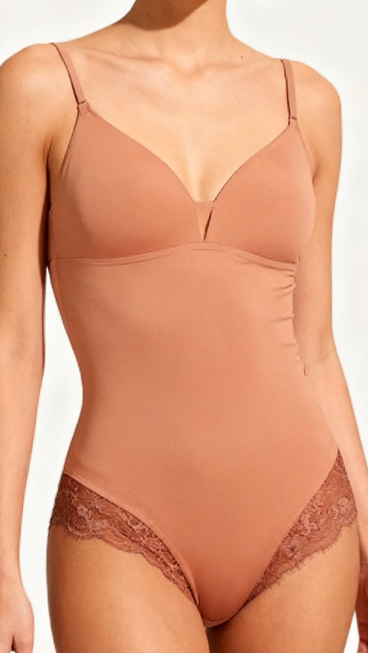 Nude Lace - Paneled Bodysuit Shapewear | Deep V Push - Up Backless Layering Lingerie