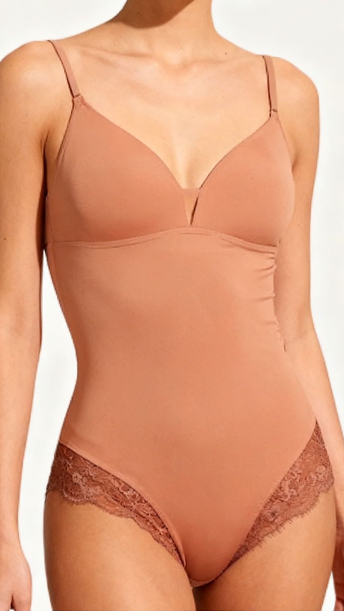 Nude Lace - Paneled Bodysuit Shapewear | Deep V Push - Up Backless Layering Lingerie